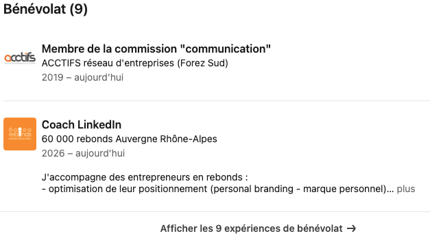 Section "benevolat" profil linkedIn