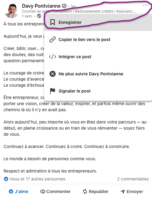 post linkedin enregstré