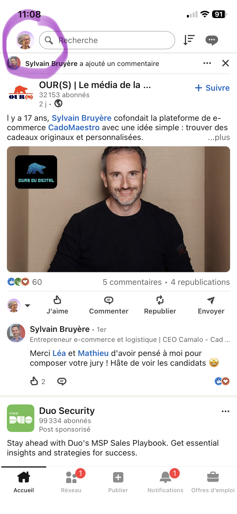 Accès post enregistré sur Linkedin depuis un smartphone